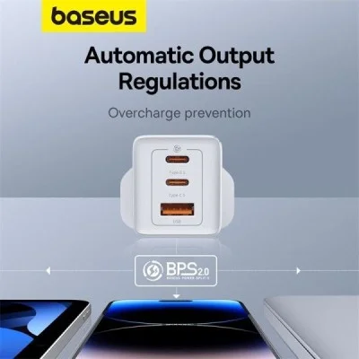 Baseus 65W 3-Port (2 Type-C + Usb-A) Fast Wall Charger - White